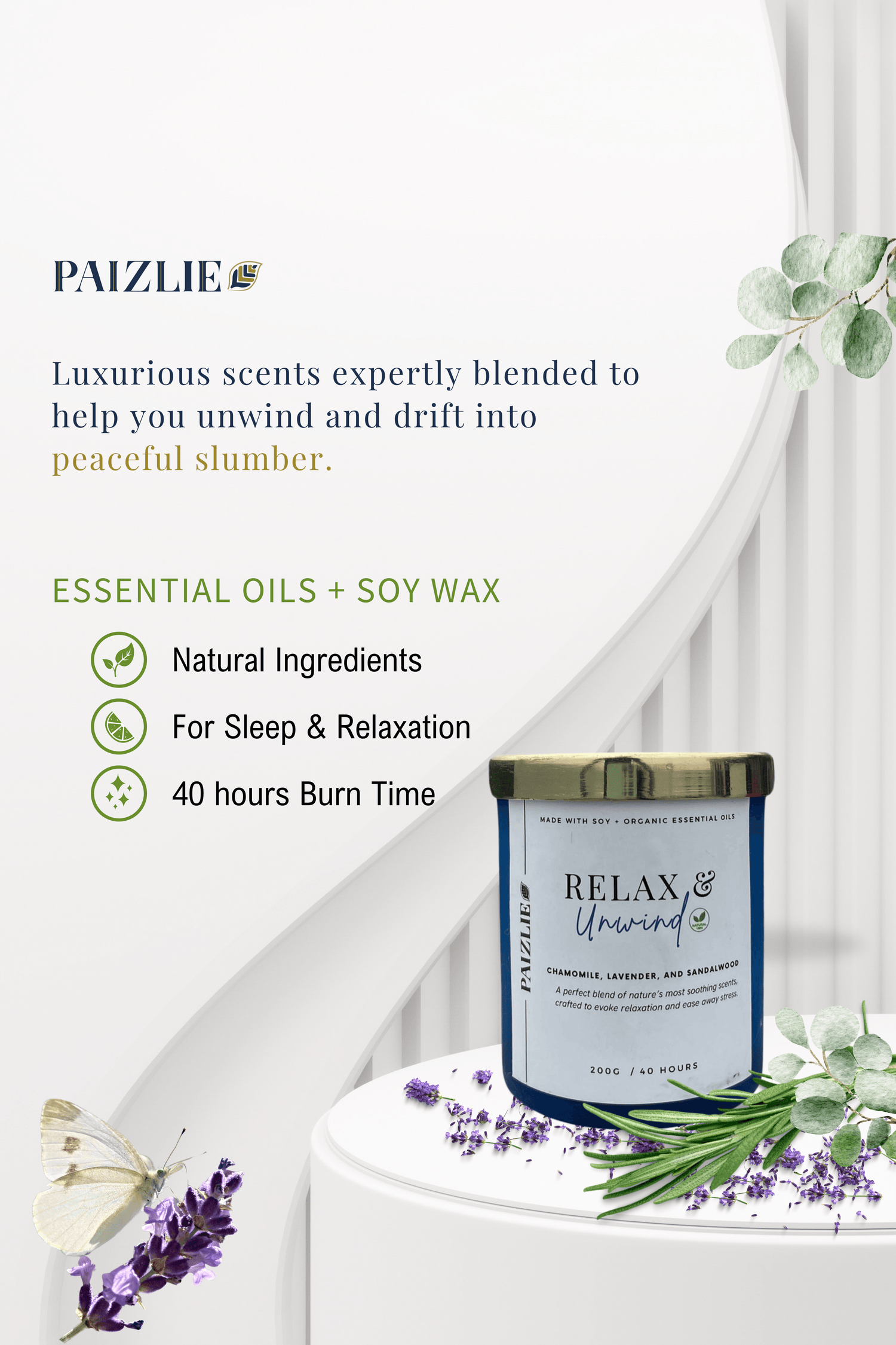 Relax & Unwind Scented Candle | Handmade with Pure Soy Wax | Organic Essential Oils of Chamomile, Lavender & Sandalwood