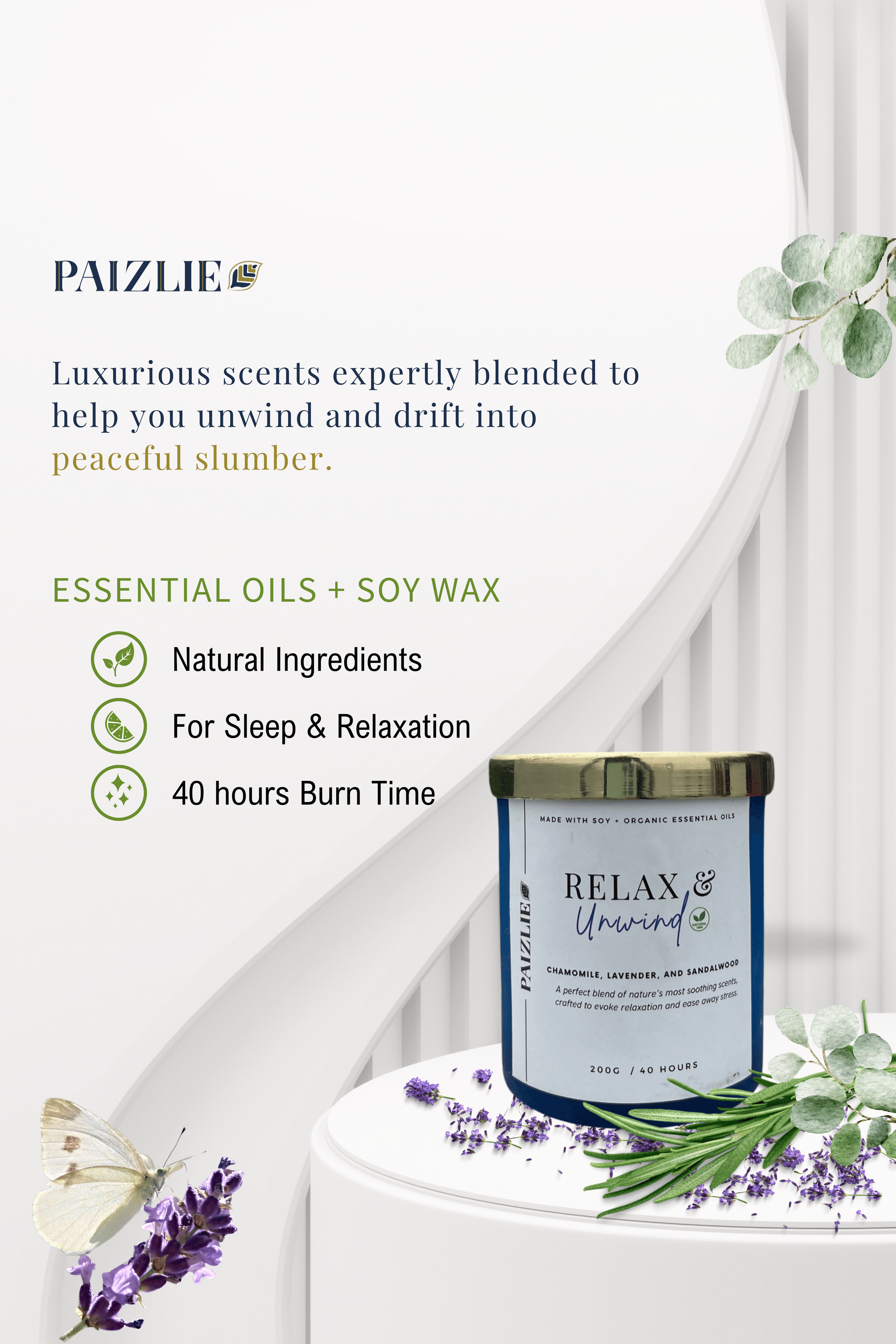 Relax & Unwind Scented Candle | Handmade with Pure Soy Wax | Organic Essential Oils of Chamomile, Lavender & Sandalwood
