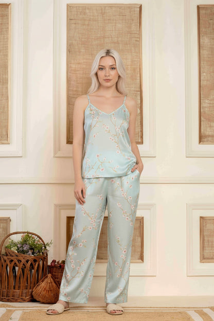Full body view of the model wearing Floral Dreams Loungewear with Spaghetti Straps | 100% Tencel Fabric | Women