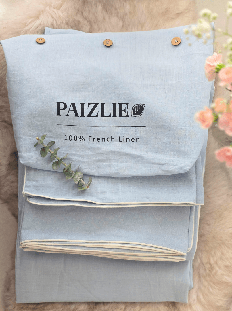 100% French Linen Sky Blue Bedsheet and Duvet cover with White Piping | Linen Bed Sheets | Set of 4