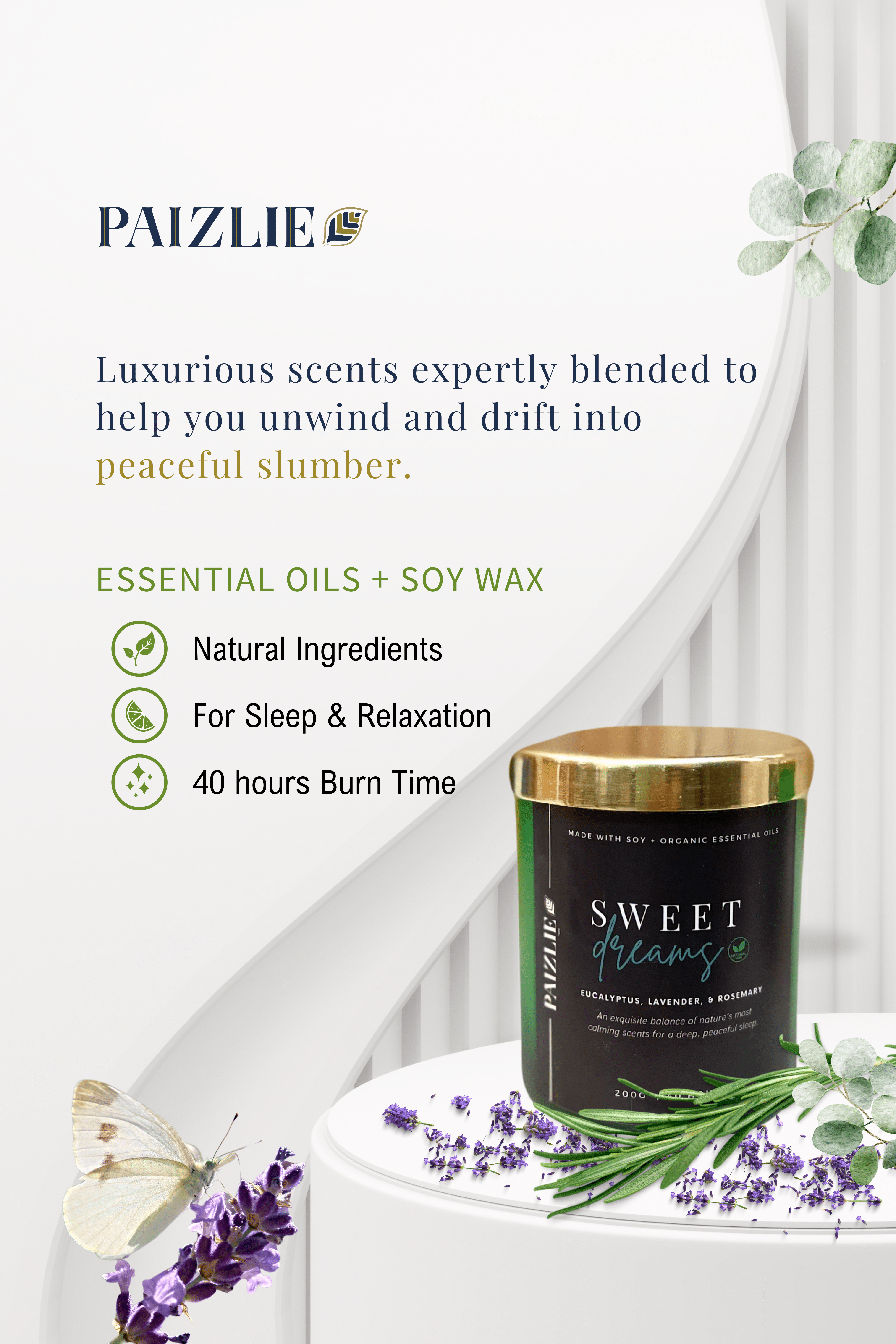 Sweet Dreams Natural Scented Candle | Handmade with Pure Soy Wax | Organic Essential oils of Eucalyptus, Rosemary & Lavender