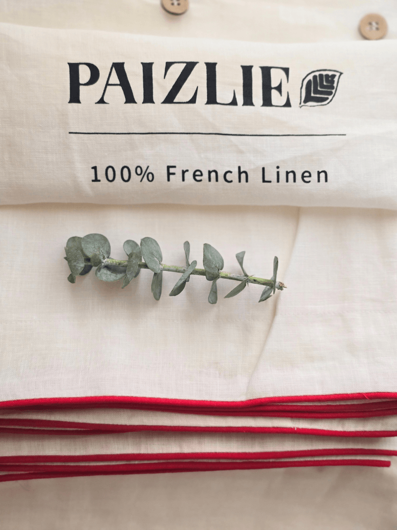 100% French Linen Beige with Red Piping Bedding Set| Set of 4 - paizlie