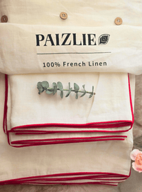 100% French Linen Beige with Red Piping Bedding Set| Set of 4 - paizlie