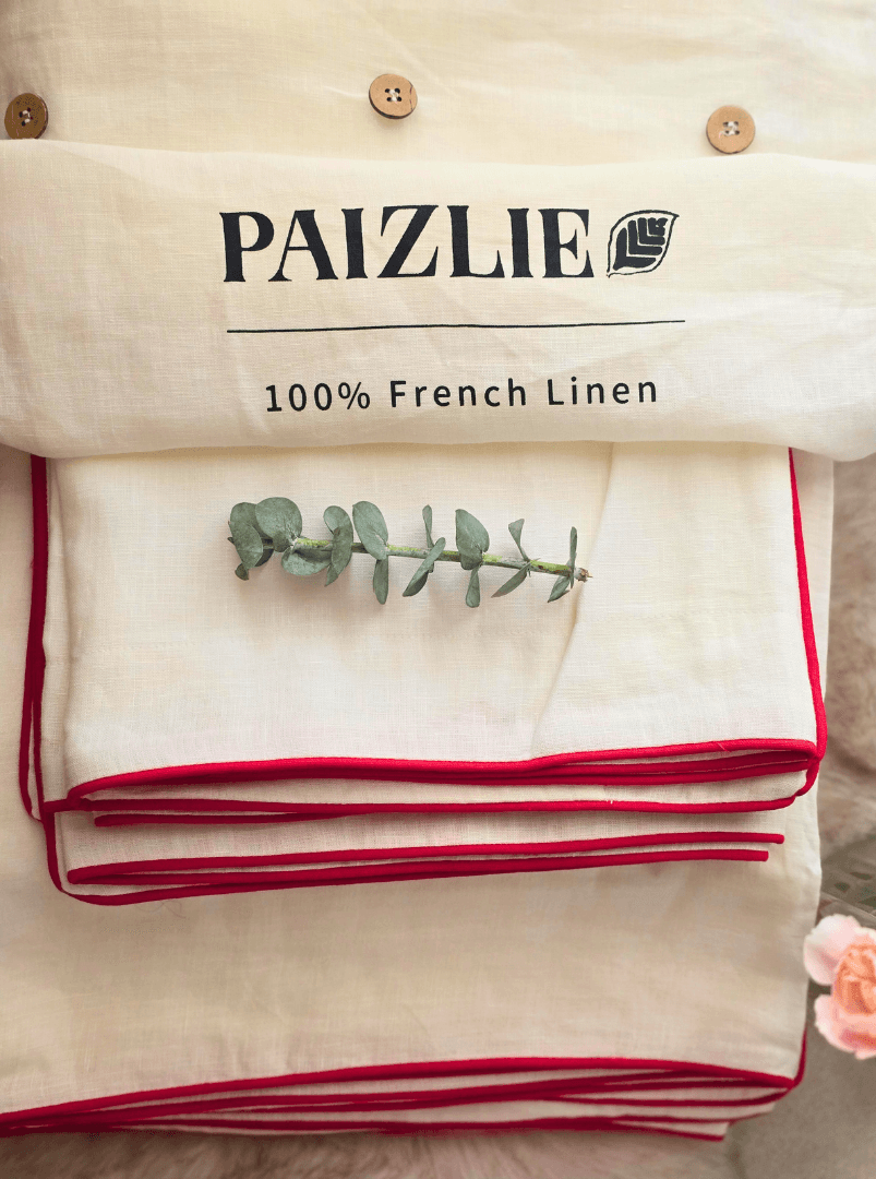100% French Linen Beige with Red Piping Bedding Set| Set of 4 - paizlie