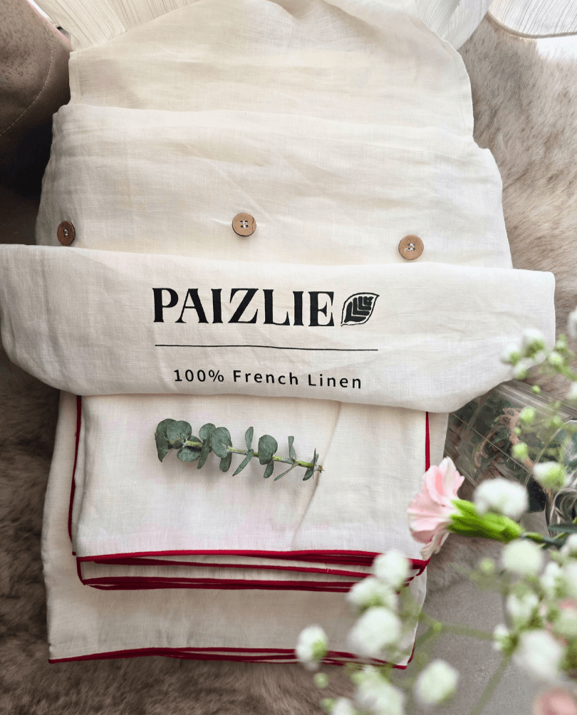 100% French Linen Beige with Red Piping Bedding Set| Set of 4 - paizlie