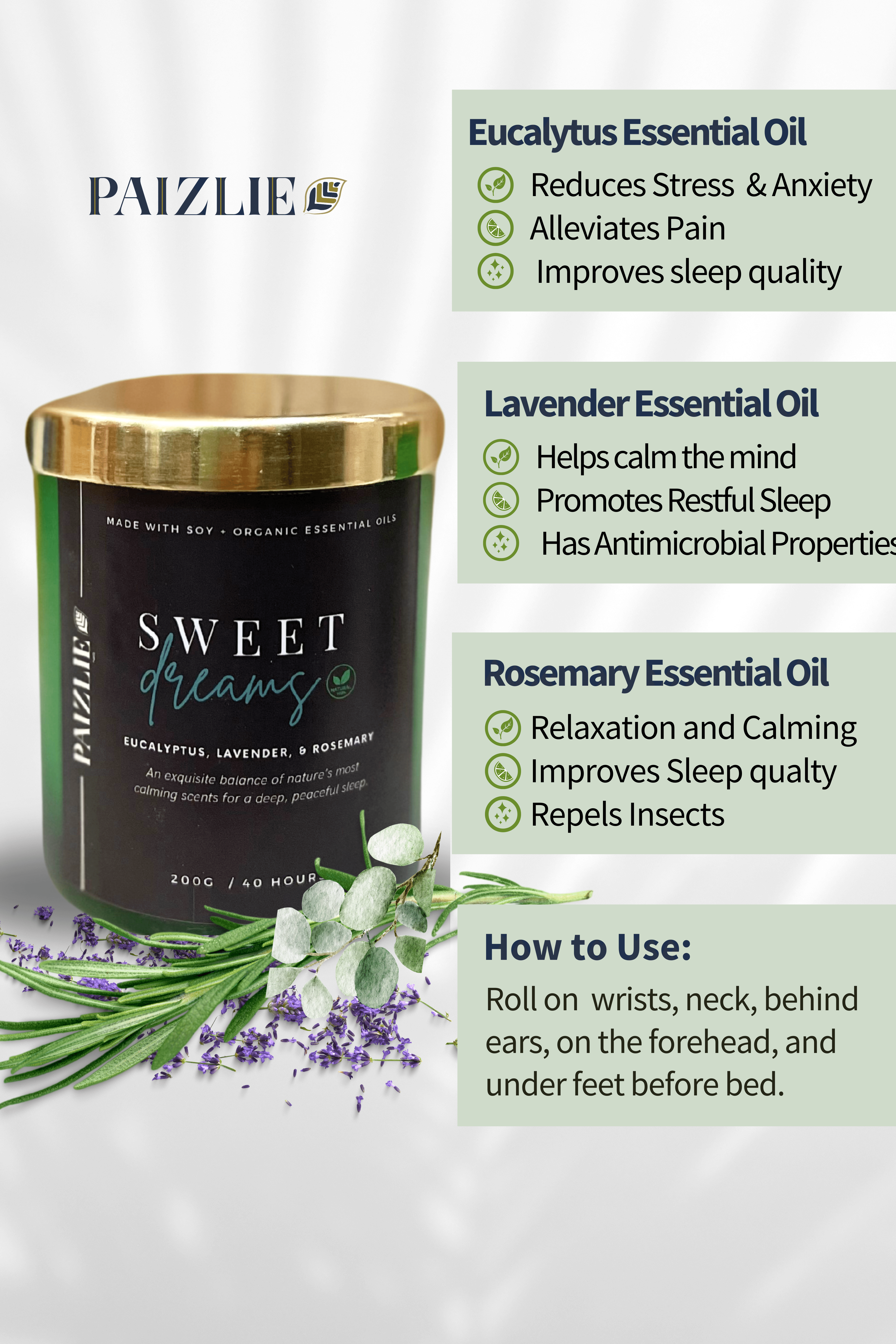 Sweet Dreams Natural Scented Candle | Handmade with Pure Soy Wax | Organic Essential oils of Eucalyptus, Rosemary & Lavender
