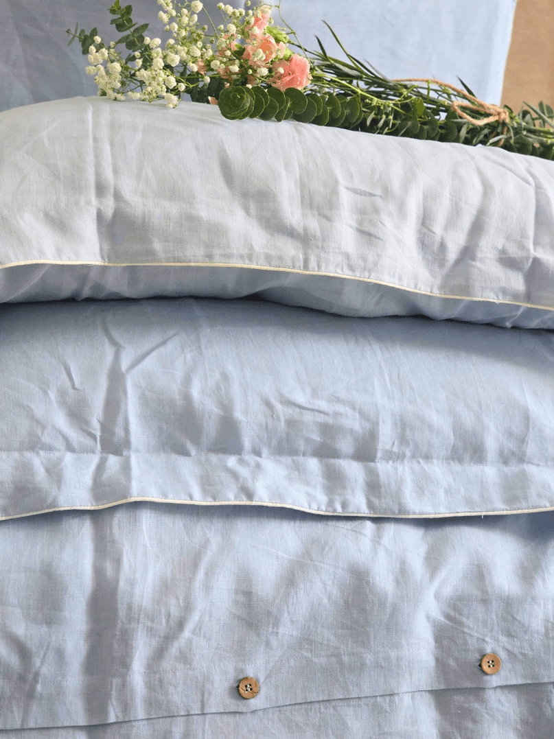 100% French Linen Sky Blue Bedsheet and Duvet cover with White Piping | Linen Bed Sheets | Set of 4