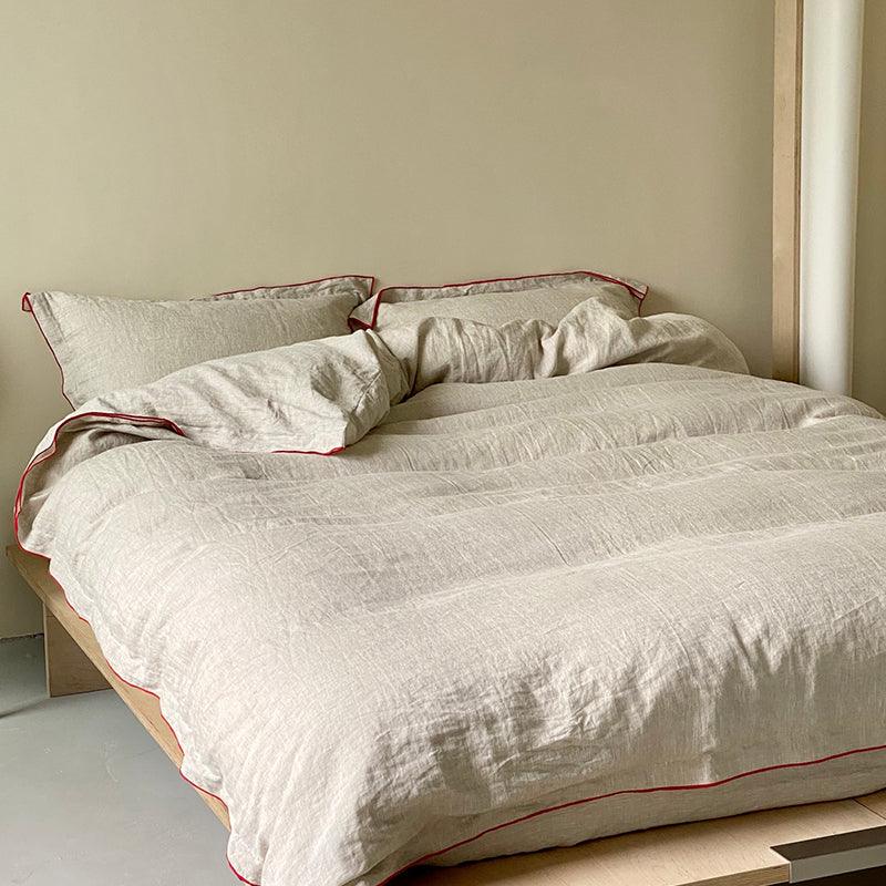100% French Linen Beige with Red Piping Bedding Set| Set of 4 - paizlie