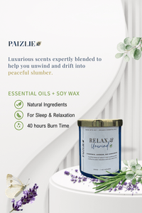 Relax & Unwind Scented Candle | Handmade with Pure Soy Wax | Organic Essential Oils of Chamomile, Lavender & Sandalwood