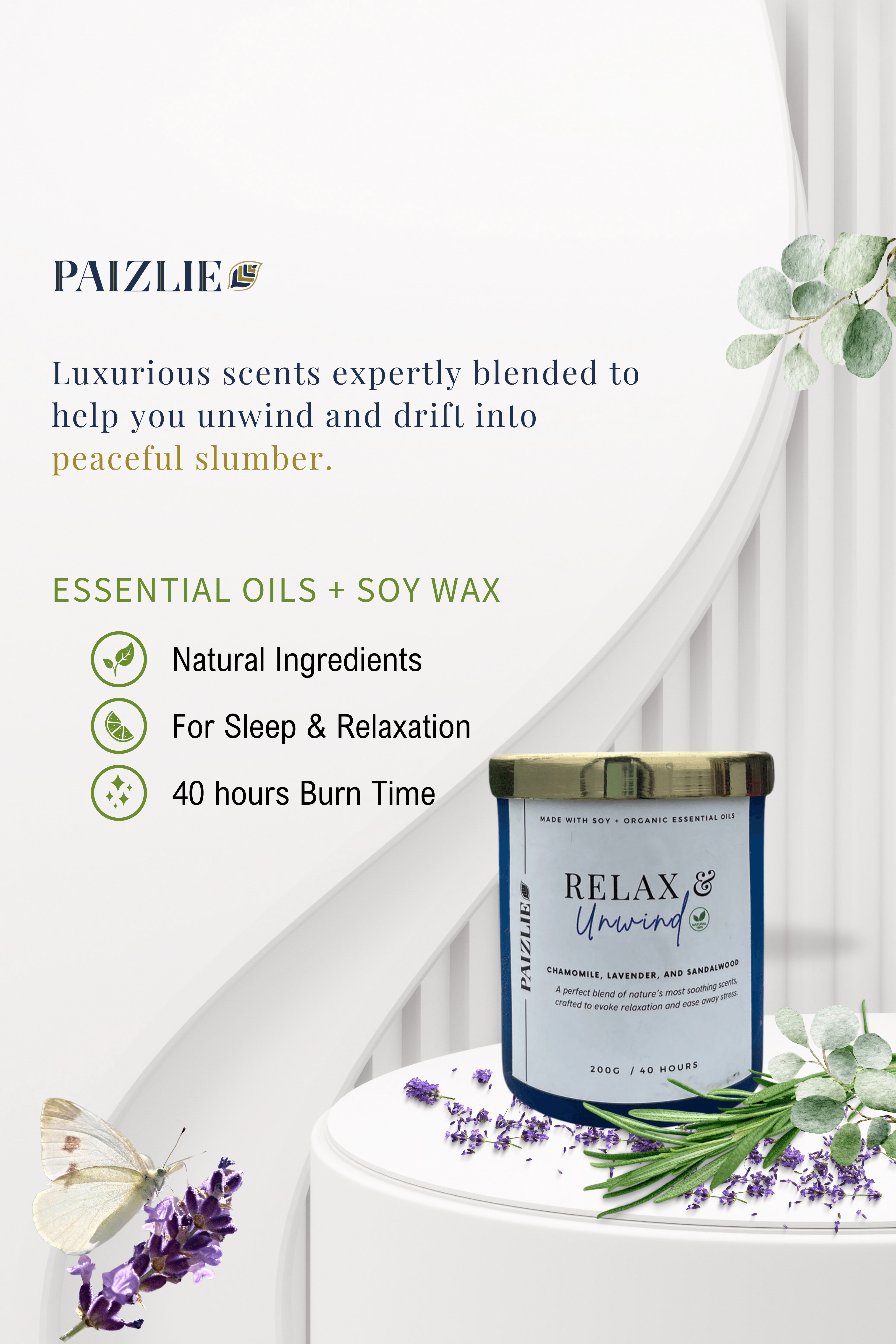 Relax & Unwind Scented Candle | Handmade with Pure Soy Wax | Organic Essential Oils of Chamomile, Lavender & Sandalwood