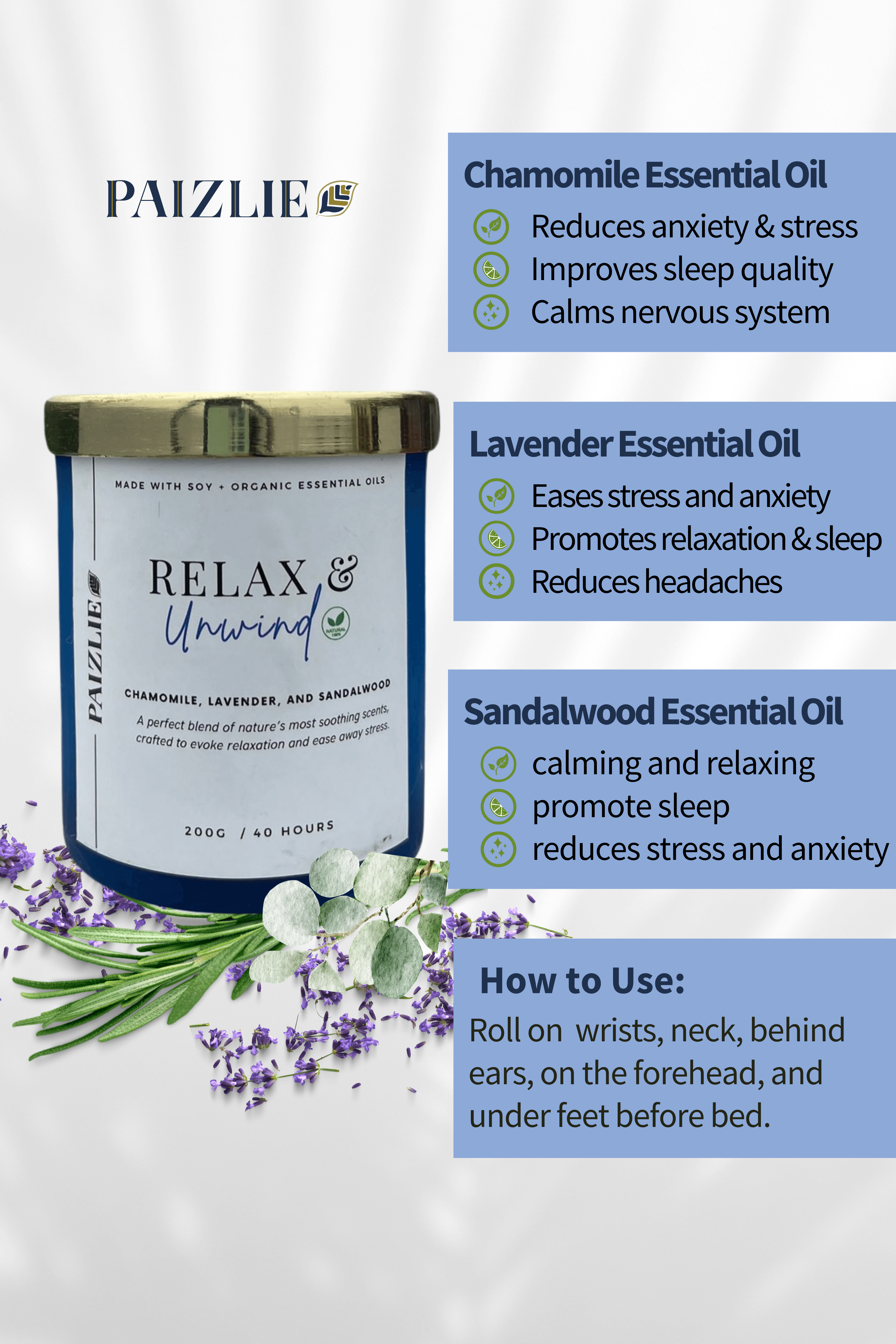 Relax & Unwind Scented Candle | Handmade with Pure Soy Wax | Organic Essential Oils of Chamomile, Lavender & Sandalwood