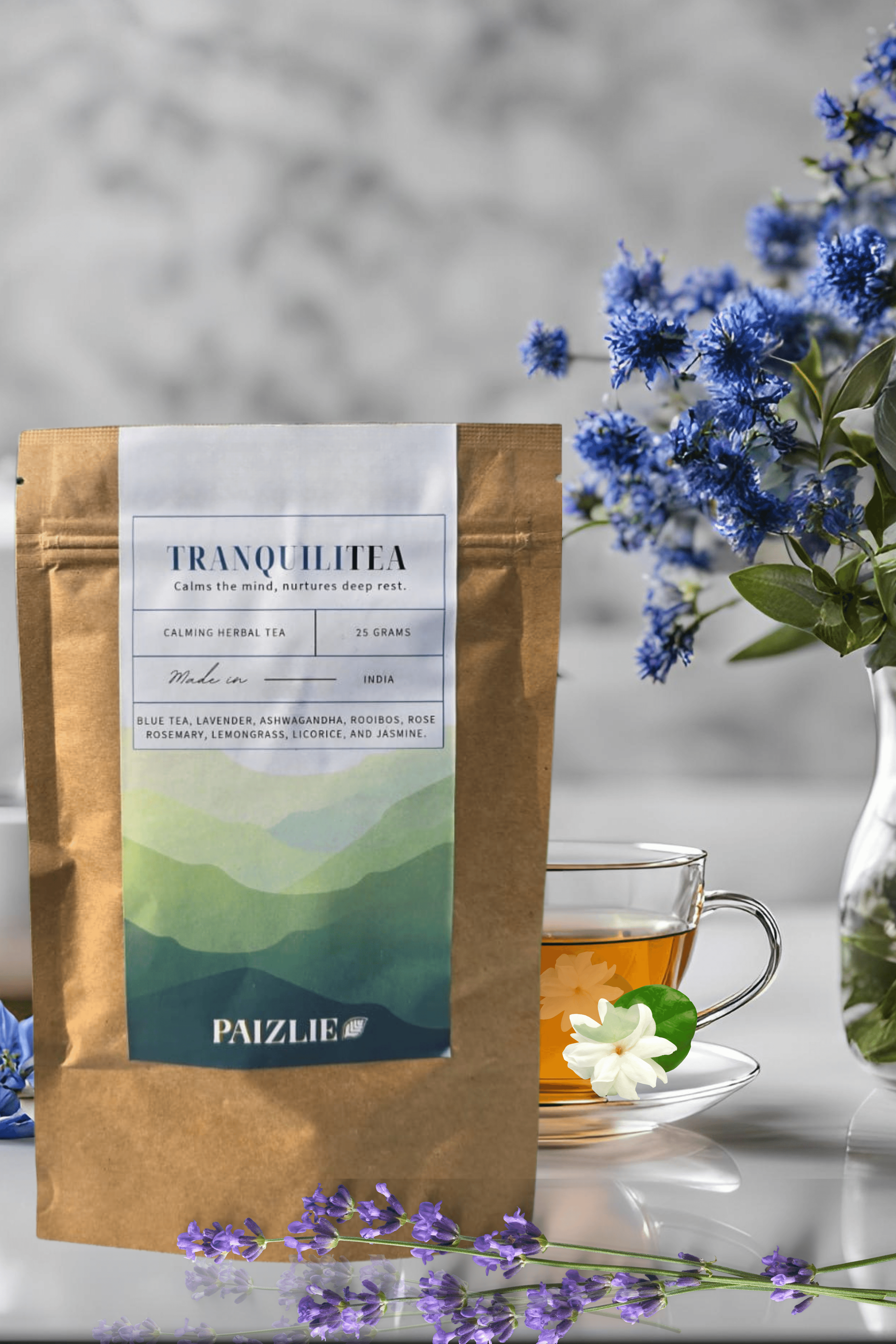 TranquiliTea: 100% natural herbal tea -  Blue Pea, Lavender, Jasmine and Ashwagandha