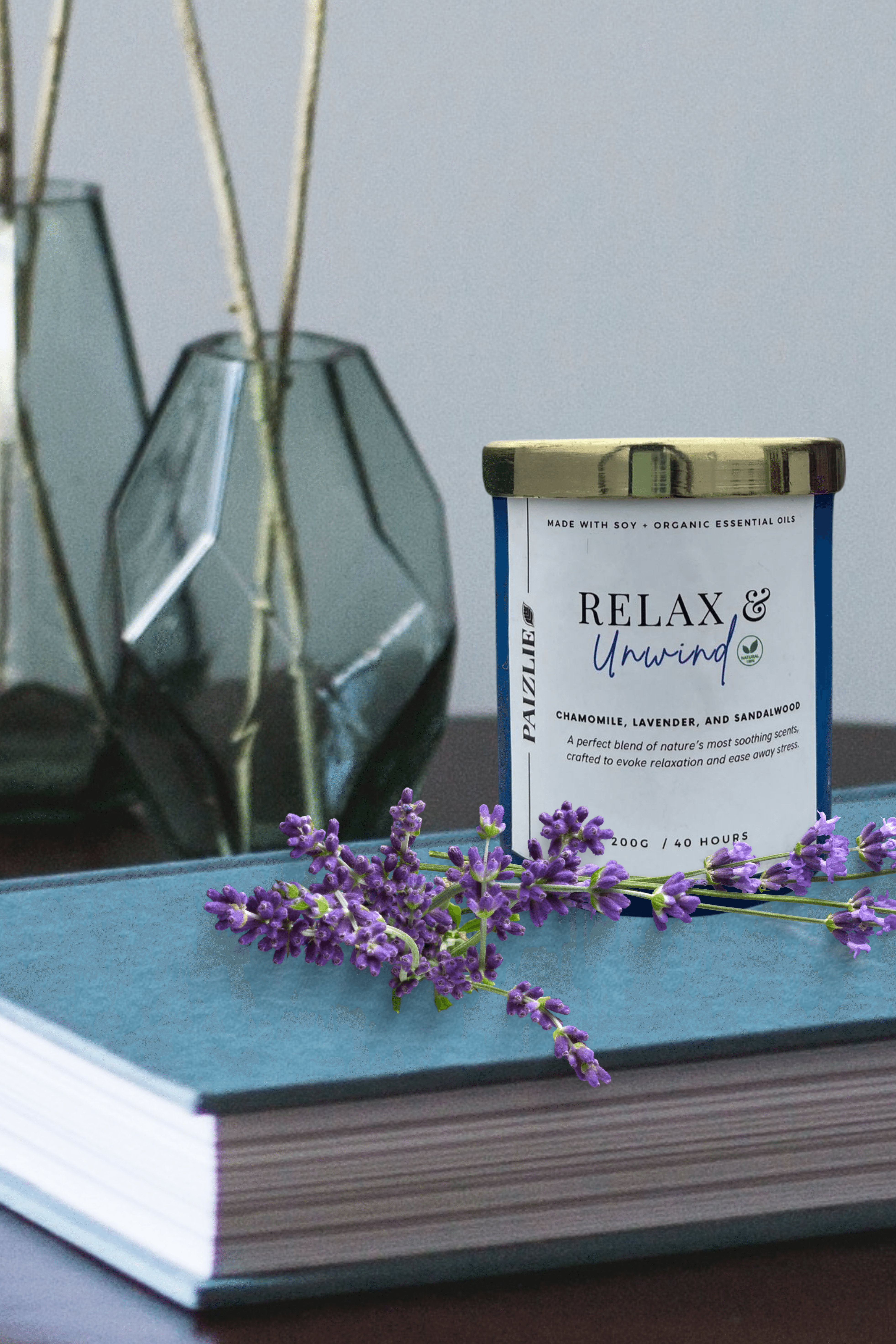 Relax & Unwind Scented Candle | Handmade with Pure Soy Wax | Organic Essential Oils of Chamomile, Lavender & Sandalwood