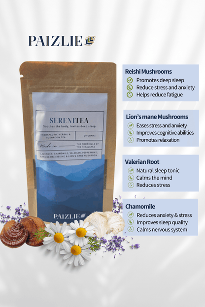 SereniTea: 100% Natural Chamomile, Reishi Mushroom, Lion’s mane Mushroom, Lavender, Valerian, Lemon Balm, and Peppermint