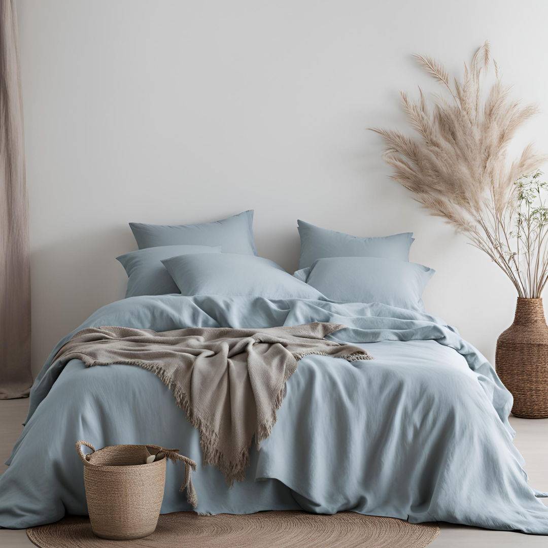 100% Pure French Linen Sky Blue Solid Bedding Set | Set of 4 - paizlie