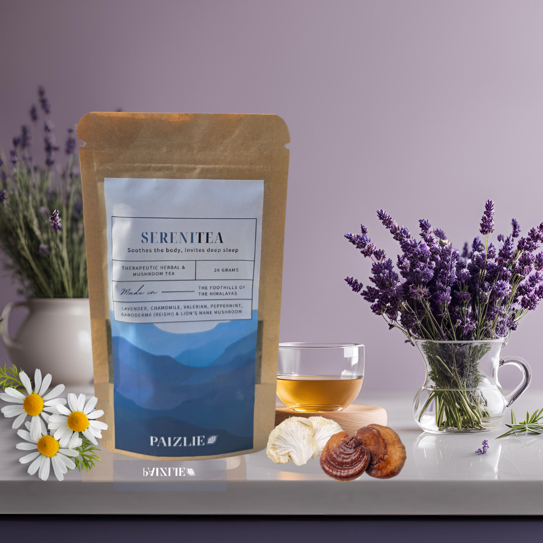 SereniTea: 100% Natural Chamomile, Reishi Mushroom, Lion’s mane Mushroom, Lavender, Valerian, Lemon Balm, and Peppermint