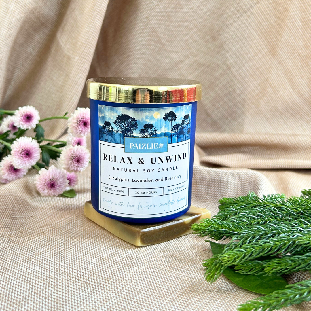 Relax &amp; Unwind Scented Candle | Handmade with Pure Soy Wax | Organic Essential oils of Eucalyptus, Rosemary &amp; Lavender