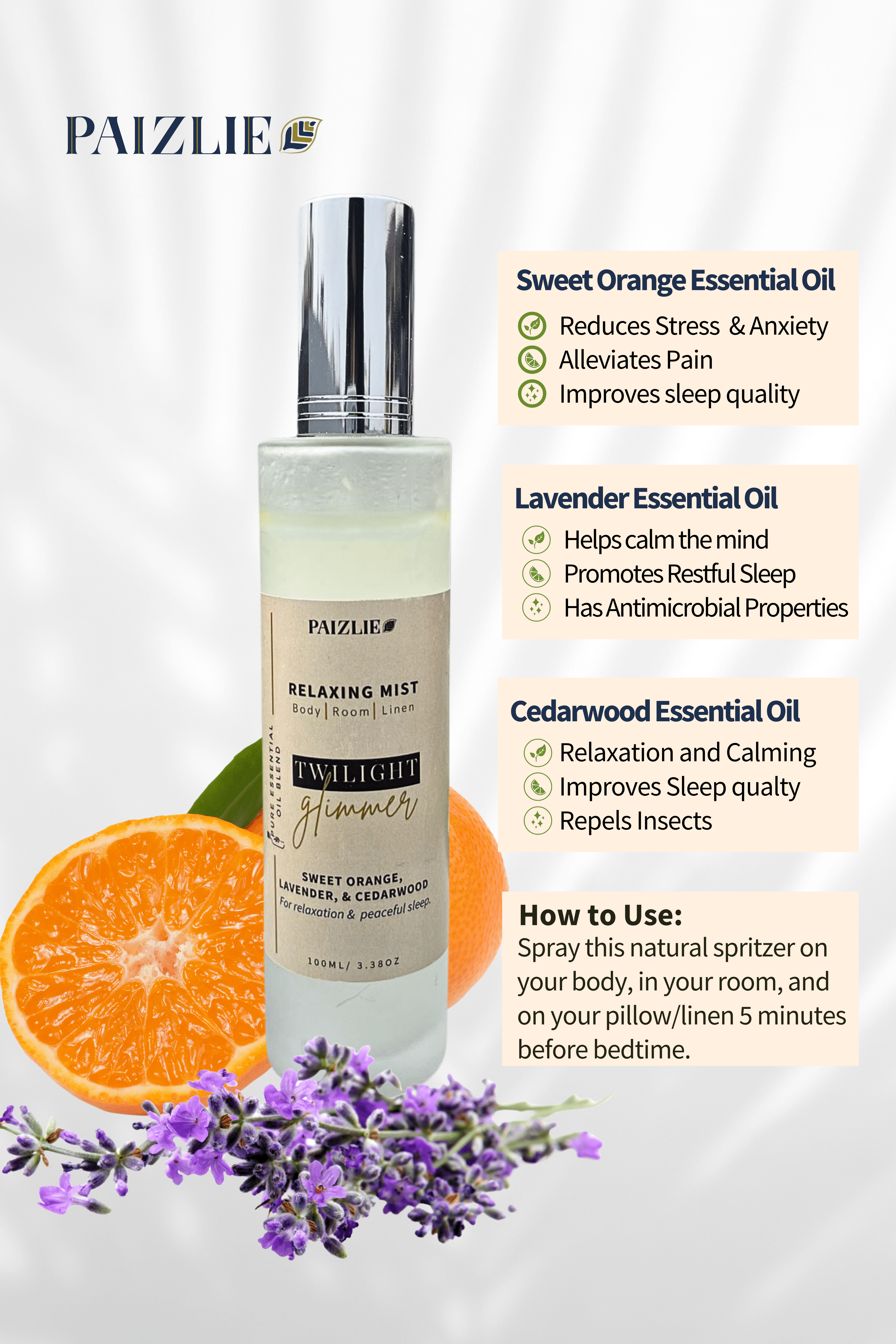Twilight Glimmer Relaxing Mist |Sweet Orange, Lavender, & Cedarwood - paizlie