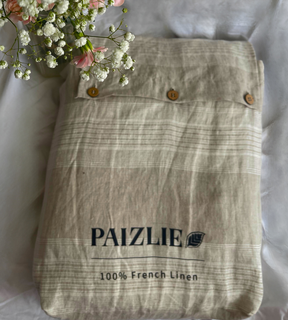 100% Pure French Linen Beige with White Stripes Bedding Set | Set of 4 - paizlie