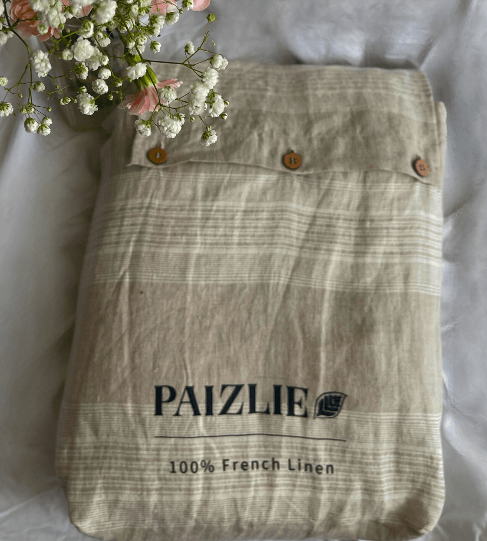 Beige Stripes | 100% Natural European flax Linen Bedsheets | Set of 4 - paizlie