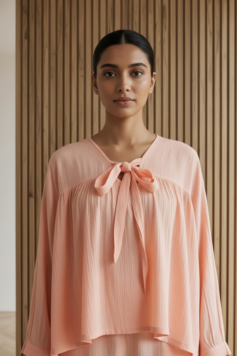 Close-up of the model wearing Fuzzy Peach Loungewear | Organic Cotton | Women