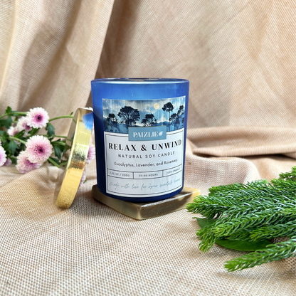 Relax &amp; Unwind Scented Candle | Handmade with Pure Soy Wax | Organic Essential oils of Eucalyptus, Rosemary &amp; Lavender