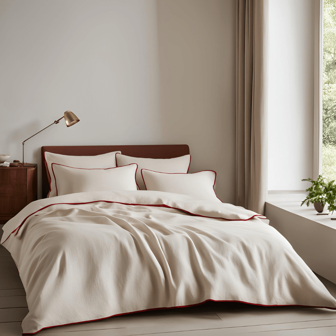 100% French Linen Beige with Red Piping Bedding Set| Set of 4
