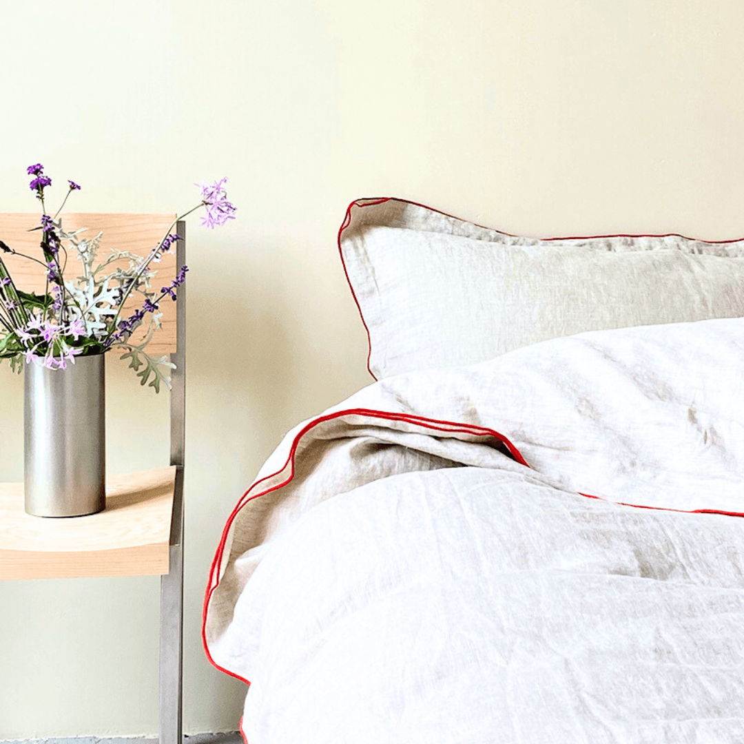 100% French Linen Beige with Red Piping Bedding Set| Set of 4
