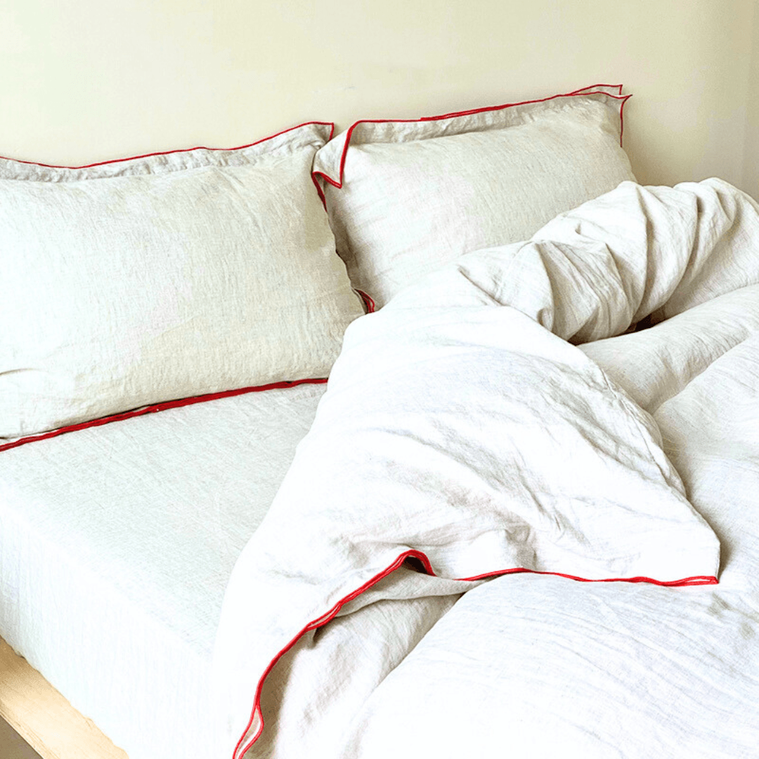 100% French Linen Beige with Red Piping Bedding Set| Set of 4 - paizlie