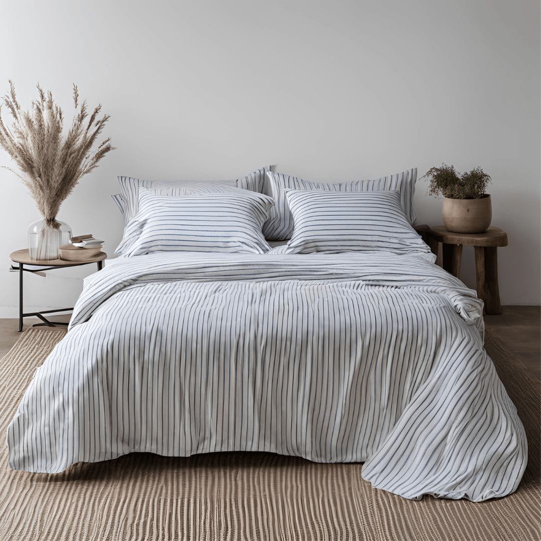 100% Pure French Linen White with Small Blue Stripes Bedsheet | Set of 4 - paizlie