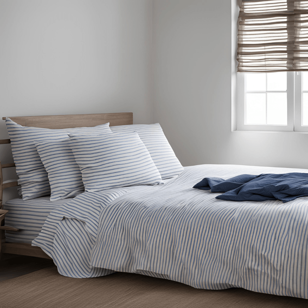 Blue Small Stripes | 100% Natural European Linen Bedsheets | Set of 4 - paizlie