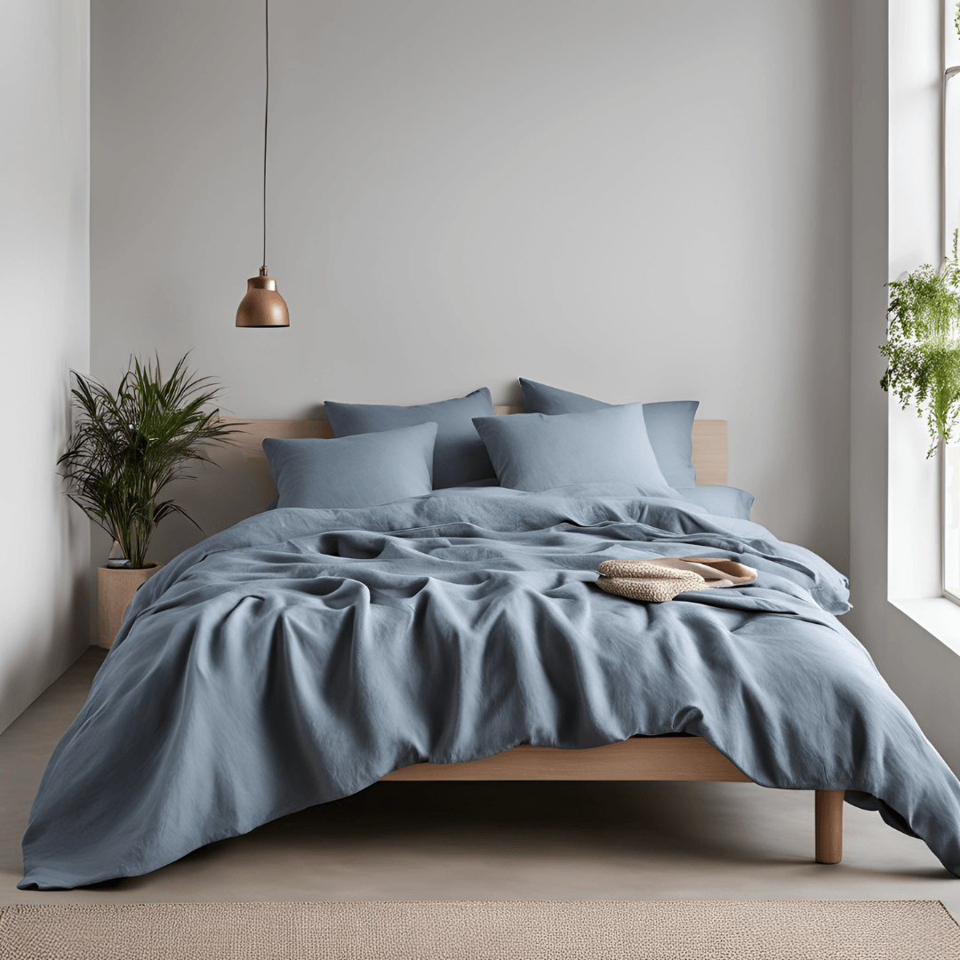 100% Pure French Linen Blue-Grey Solid Bedding Set | Set of 4 - paizlie