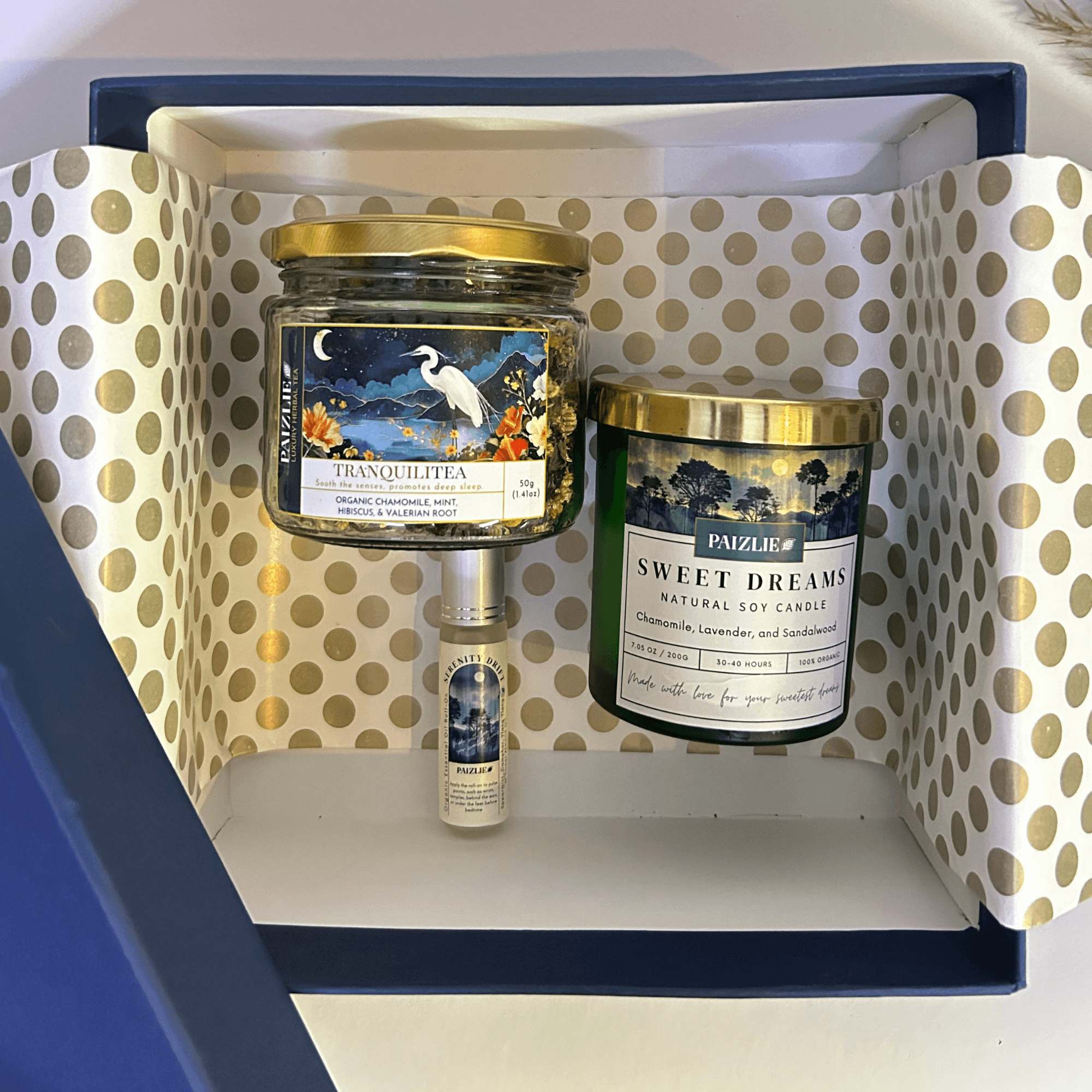Diwali Gift Box: TranquiliTea, Sweet Dreams Candle & Serenity Drift Roll On