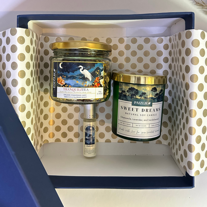 Diwali Gift Box: TranquiliTea, Sweet Dreams Candle &amp; Serenity Drift Roll On