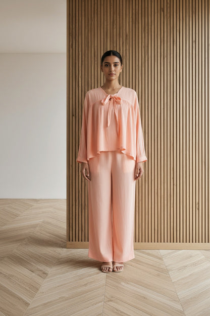 Full body view of the model wearing Fuzzy Peach Loungewear | Organic Cotton | Women