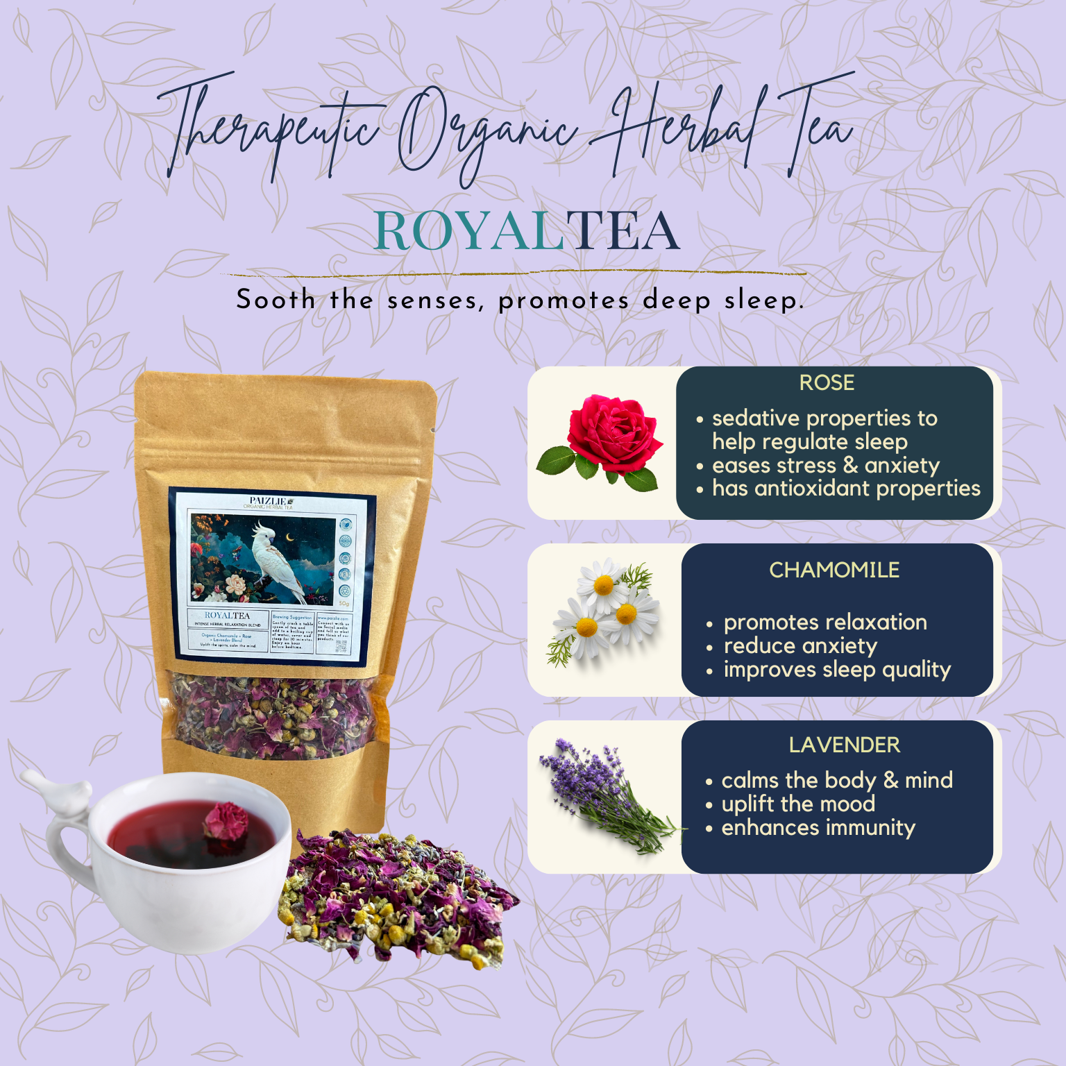 RoyalTea | Organic Herbal Tea | Chamomile, Rose, &amp; Lavender Blend