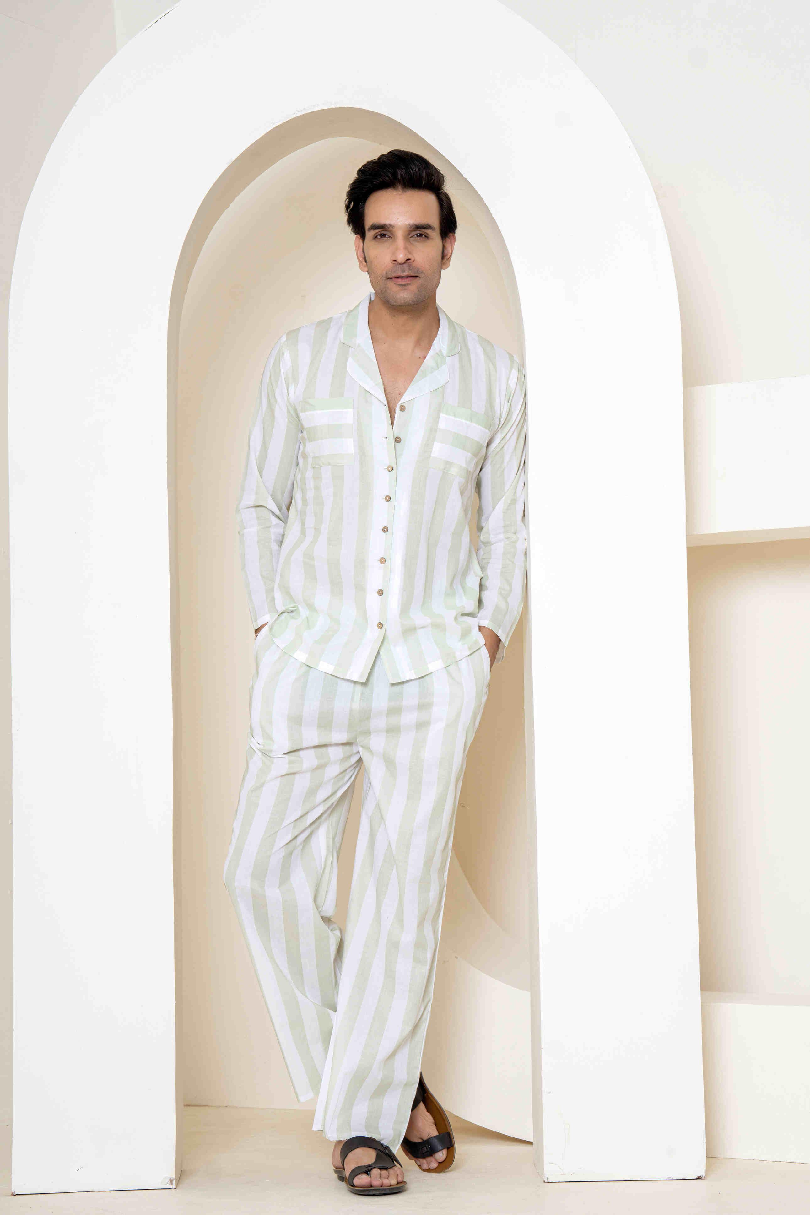 Sage Stripes Loungewear| 100% Cambric Cotton | Men Pajama