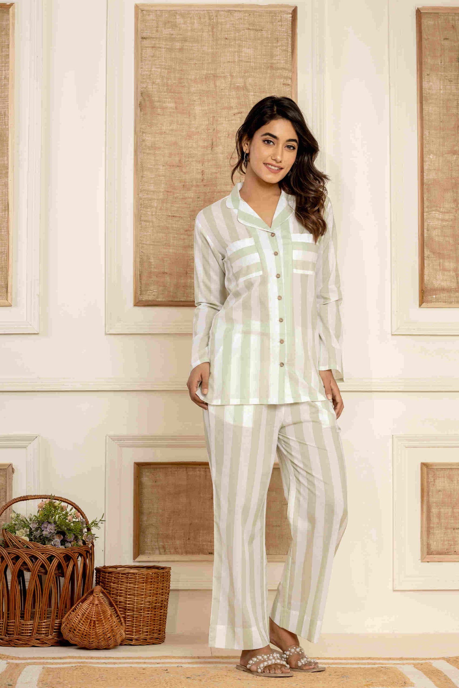 Sage Stripes Loungewear| 100% Cambric Cotton | Women