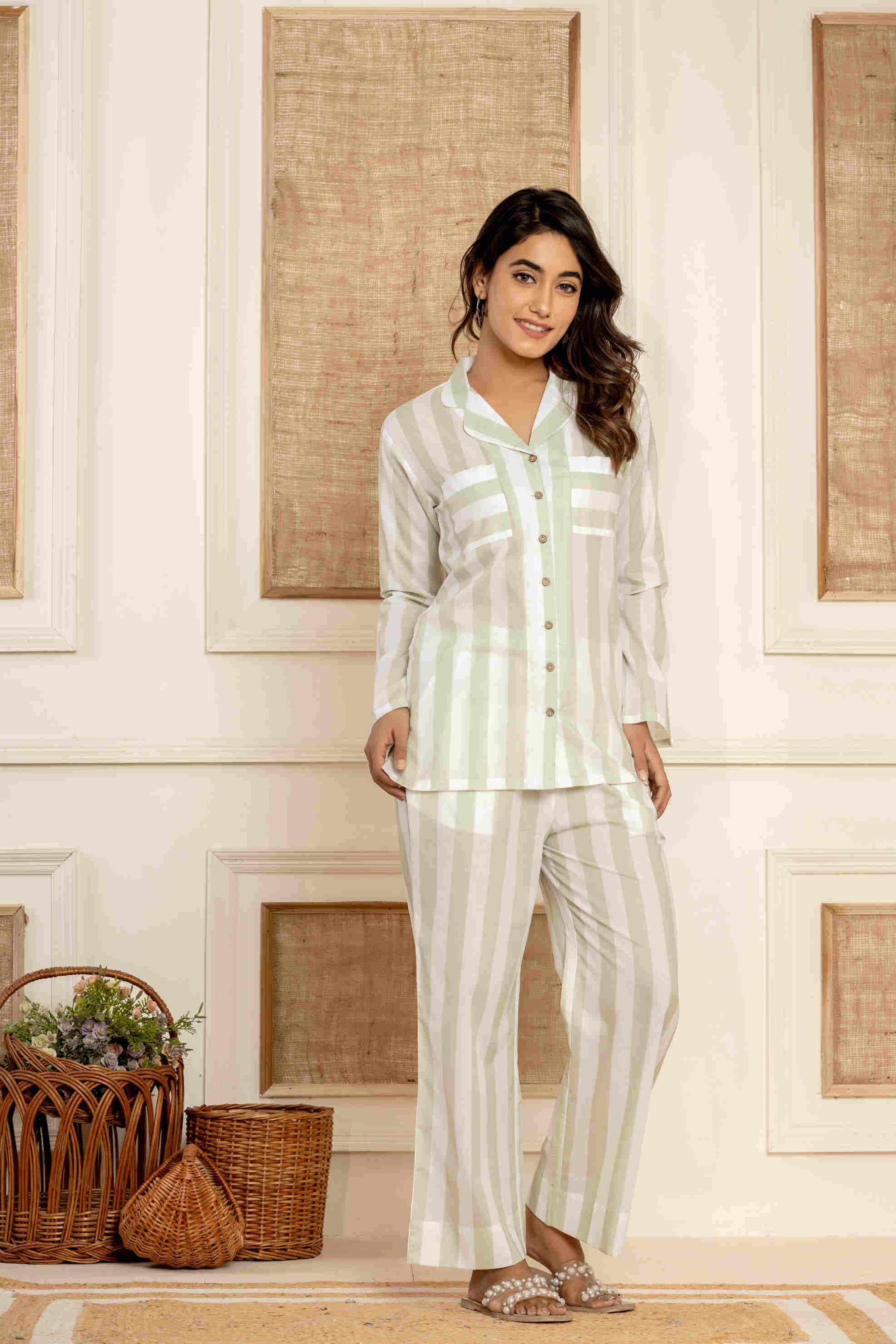 Sage Stripes Loungewear| 100% Cambric Cotton | Women Sleepwear