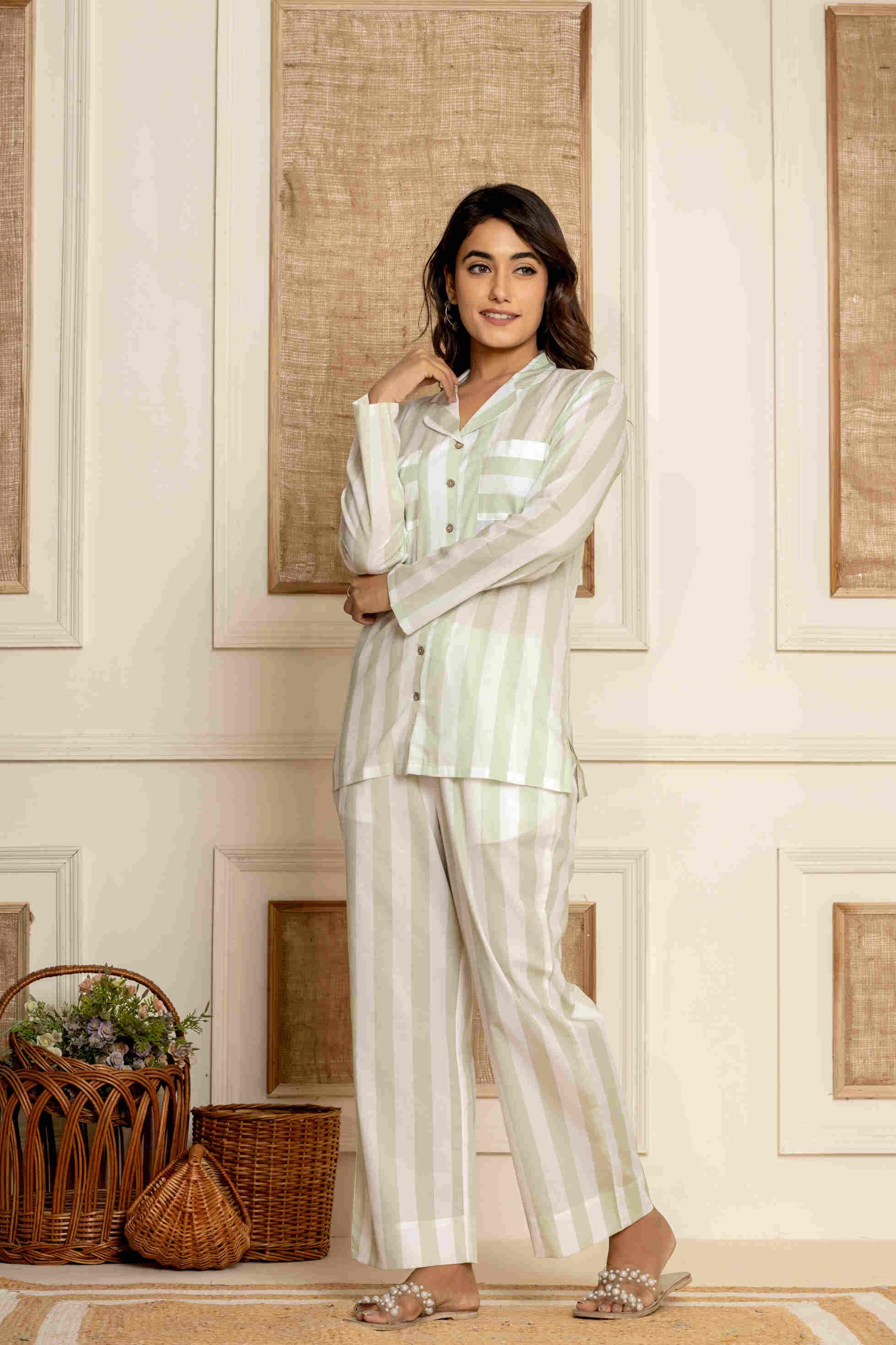 Sage Stripes Loungewear| 100% Cambric Cotton | Women Sleepwear - paizlie