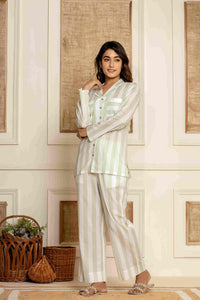 Sage Stripes Loungewear| 100% Cambric Cotton | Women Sleepwear - paizlie