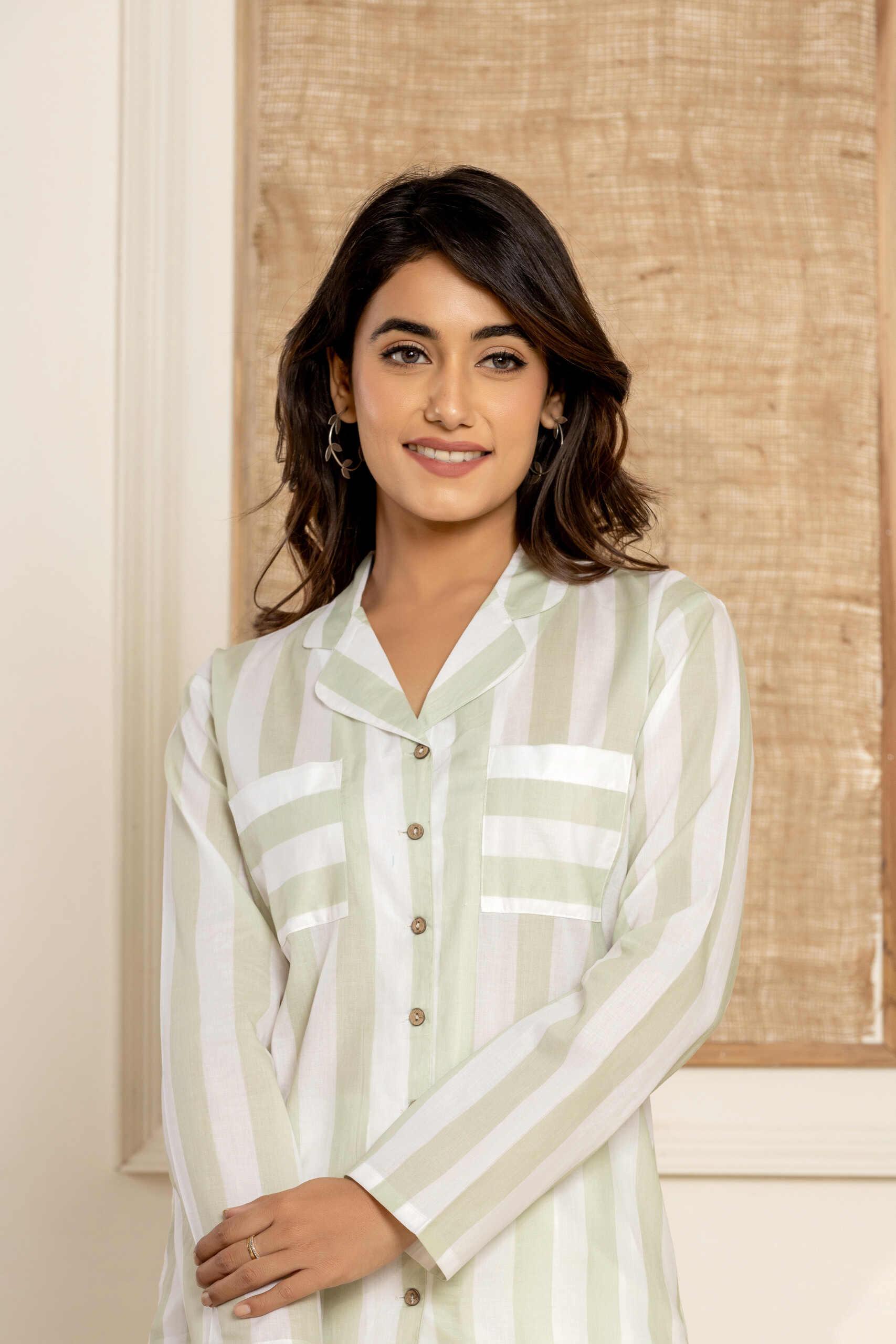 Sage Stripes Loungewear| 100% Cambric Cotton | Women Sleepwear - paizlie