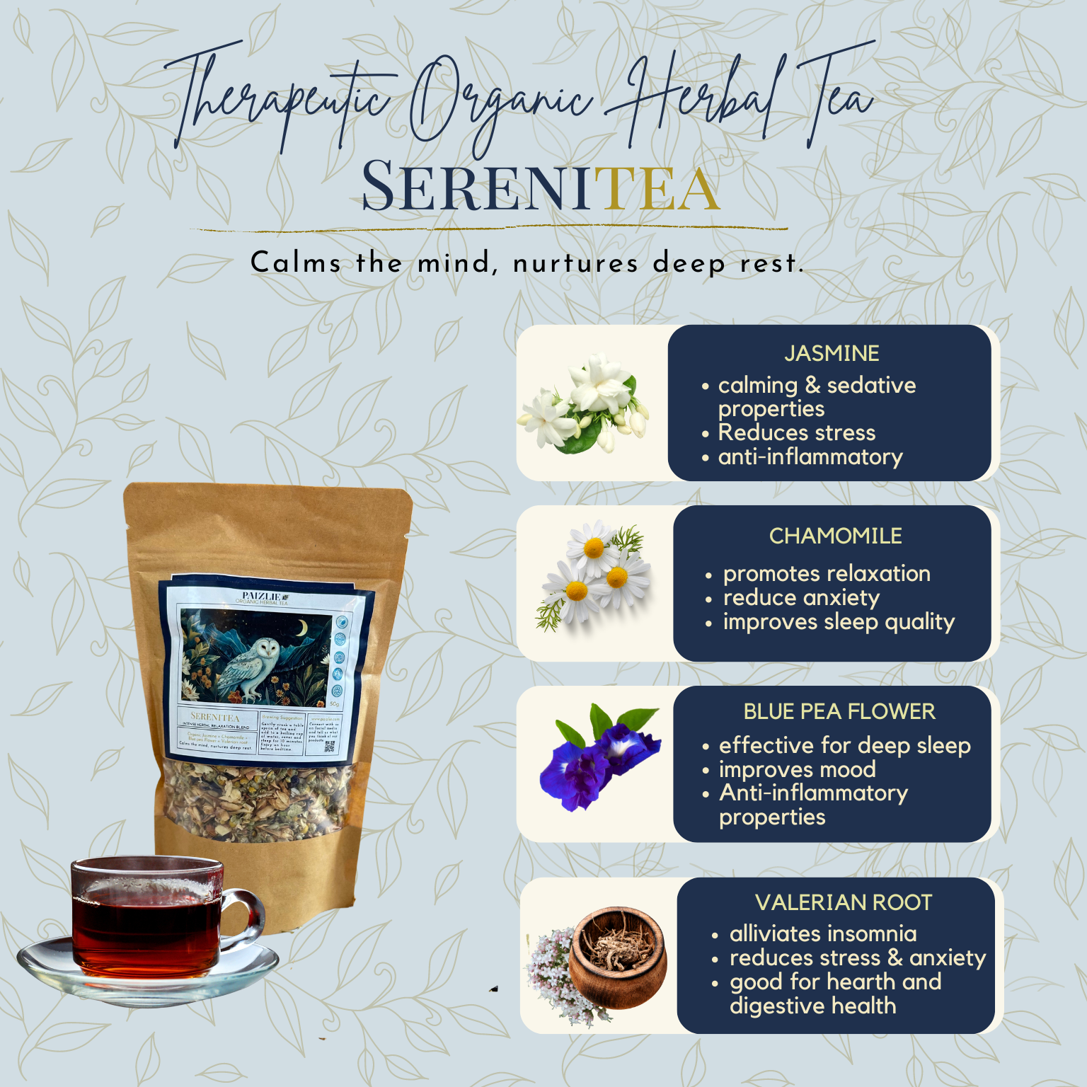 SereniTea | Organic Jasmine, Chamomile, Blue Pea Flower, &amp; Valerian Root