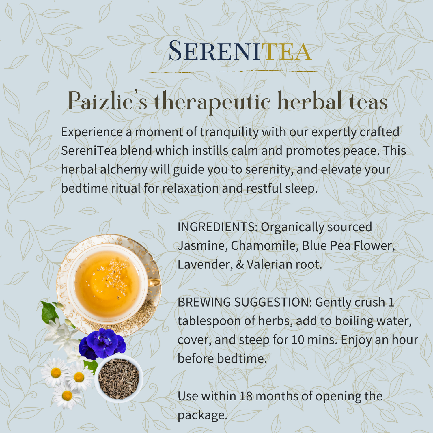 SereniTea | Organic Jasmine, Chamomile, Blue Pea Flower, &amp; Valerian Root